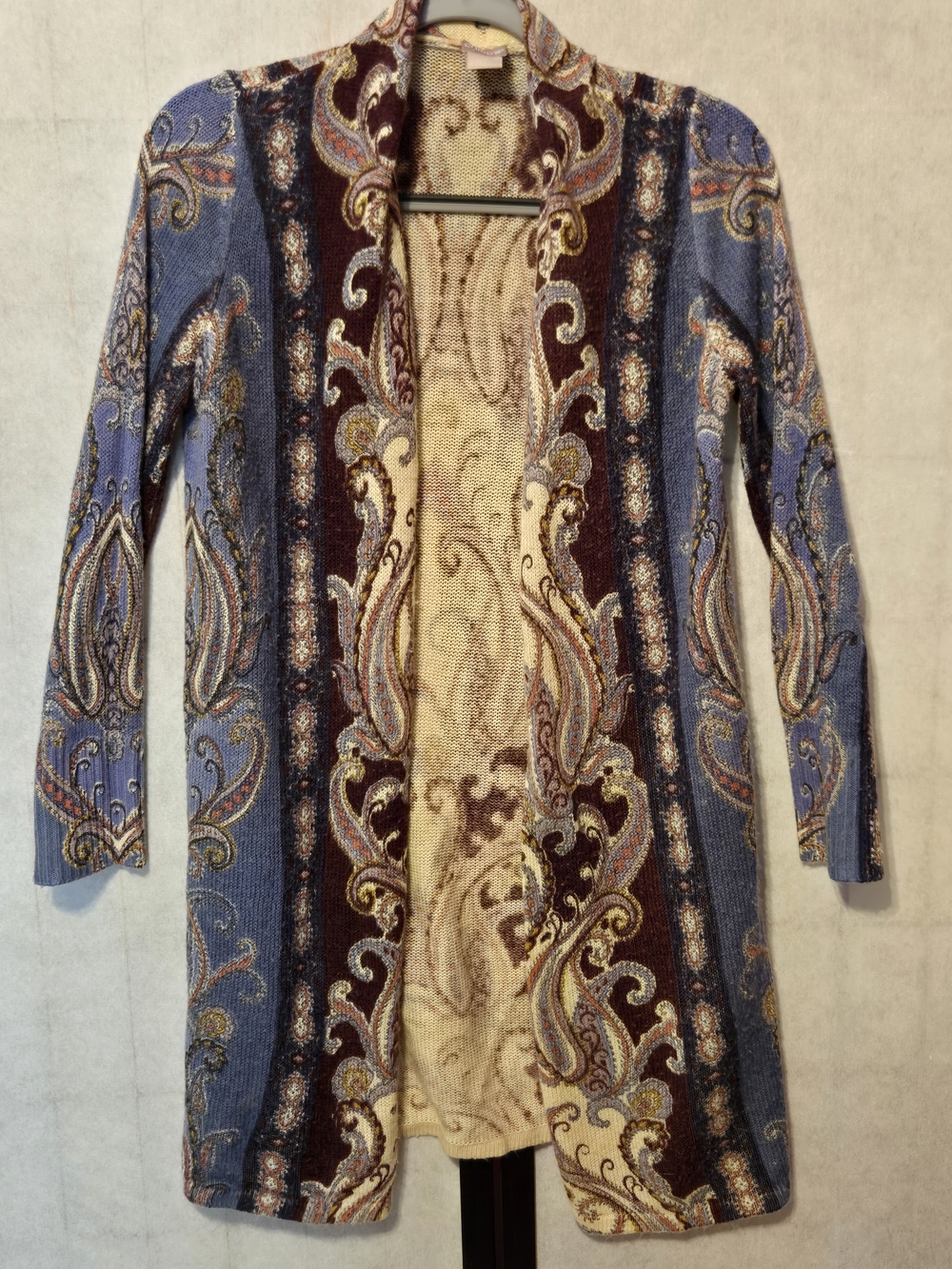 Chico's Open-Front Paisley Knit Jacket in Blue, Cream & Brown